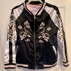 Satin embroidered reversible bomber jacket